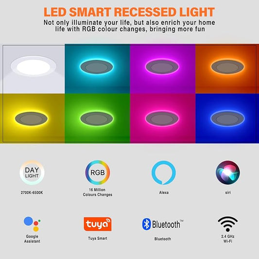12Pack Smart RGB Recessed Lighting 4Inch,Ultra-Thin Canless LED Downlight,2.4GHz Wi-Fi Bluetooth, 2700K-6500K, 9W 2640lm,Work with Tuya App,Alexa,Google Assistant,Sync Music
