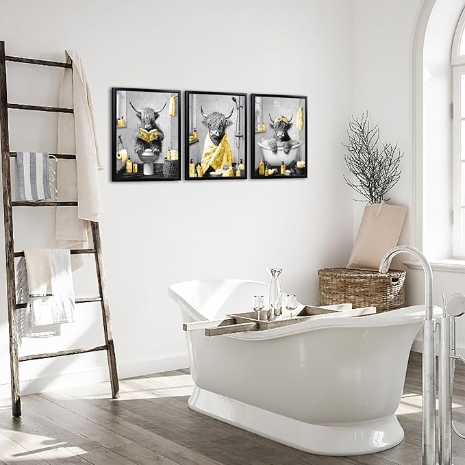 sechars Highland Cow Bathroom Wall Art 3 Piece Funny Bathroom Pictures Canvas Print Grey and Yellow Decor (Yellow)