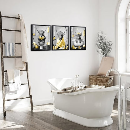 sechars Highland Cow Bathroom Wall Art 3 Piece Funny Bathroom Pictures Canvas Print Grey and Yellow Decor (Yellow)
