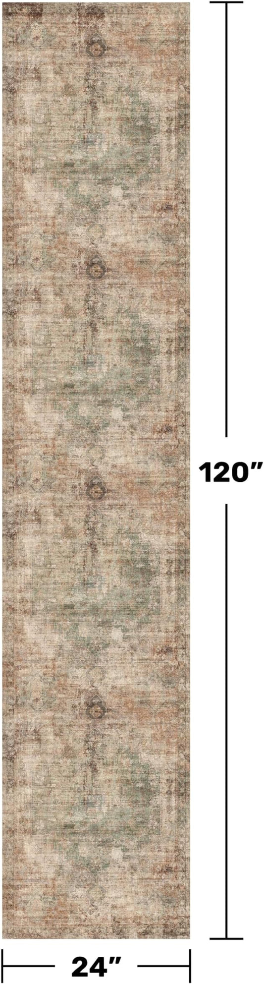 Washable 2x10 Long Non Slip Runner Rugs for Hallway, Farmhouse Green Brown Kitchen Rugs with Rubber Backing, Vintage Indoor Floor Mats for Entryway, Neutral Dark Medallion Abstract Décor