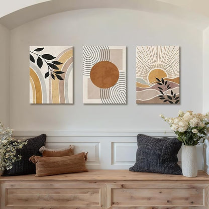WENGTIAO 3Pcs Boho Orange Desert Canvas Wall Art Colorful Geometric Line Leaf Sun Prints Pictures Paintings Abstract Mid Century Nature Plant Artwork for Living Room Bedroom Office Bathroom 12x16x3
