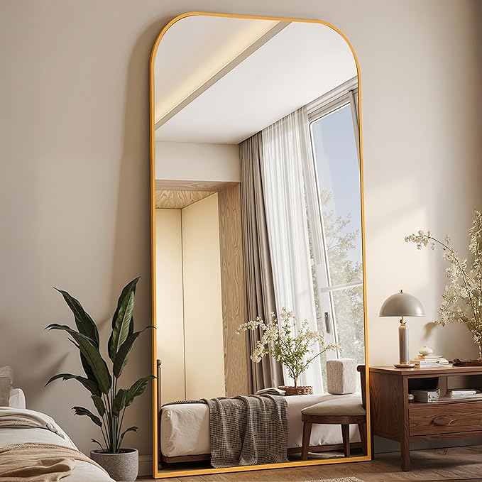 Full Length Mirror with Stand 76"x34" Floor Mirror Freestanding, Arched Floor Standing Large Mirrors Full Body Wall Hanging Leaning Home Decor for Bedroom & Living Room, Gold