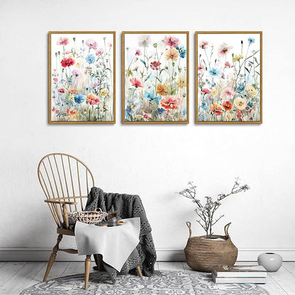 KISSFOX Framed Colorful Wildflower Canvas Wall Art Set Of 3 Flowers Pictures Prints Flowers Printing Floral Watercolors Flower wall Decor Living Room Girls Bedroom Bathroom