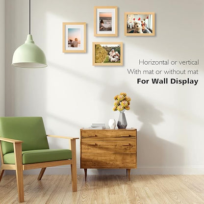 KINLINK 6x8 Picture Frame Natural, Solid Wood Frames with Acrylic Plexiglass for Pictures 4x6 with Mat or 6x8 without Mat, Tabletop and Wall Display Photo Frame, Set of 4