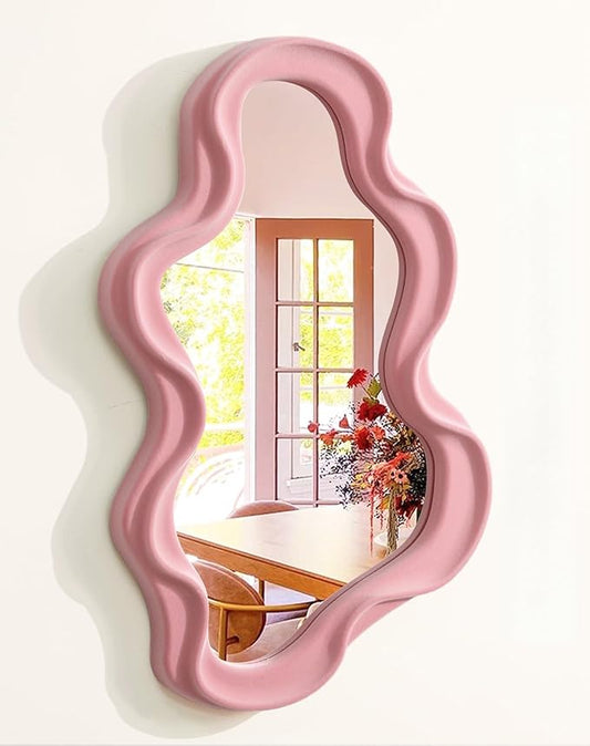 Wavy Mirror Wall Decor for Girly Bedroom, Small Cute Abstract Decorative Mirrors for Modern Apartment Nursery Room Decoration, Hanging Wall Art Above Dresser Desk Table Decor (Light Pink)