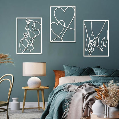 ESTART 3 Pieces Metal Minimalist Line Wall Art, Valentine's Day Lover Kiss Hand Metal Wall Decor, Aesthetic Modern Home Hanging Wall Art Decor for Bedroom Living Room (White)