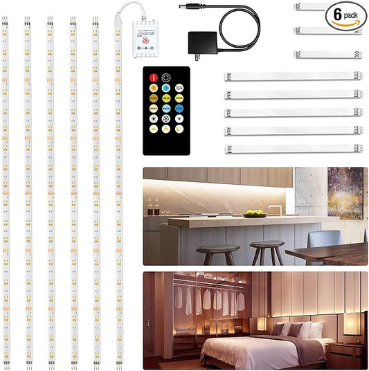 DAYBETTER Under Cabinet Lighting Kit, 6 PCS 20 Inch Under Cabinet Lights, 2700K-6500K Tunable White LED Strip Lights with Remote, 12V Adapter, LED Lights for Kitchen Cabinets, Shelf, Counter, 9.8ft