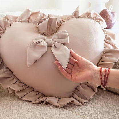 MOJUN Heart Pillow, Cute Soft Heart Shaped Throw Pillow Ruffle Love Bow Pillow Decorative Pillows Cushion for Couch Sofa Living Room Bed Chair Wedding Gifts Pillows, Champagne