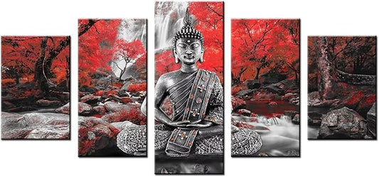 AWLXPHY Decor Buddha Wall Art Canvas Waterfall Painting Framed 5 Panels for Living Room Decoration Modern Landscape Buddha Trees Zen Wall Art Giclee (Red, 40"x20")
