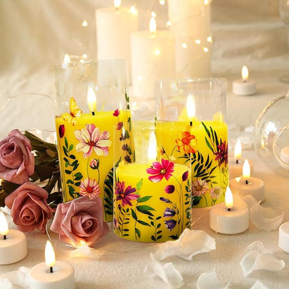 Eywamage Yellow Floral Glass Flameless Candles with Remote, Flickering Spring LED Pillar Candles Battery Operated Home Decor Set of 3
