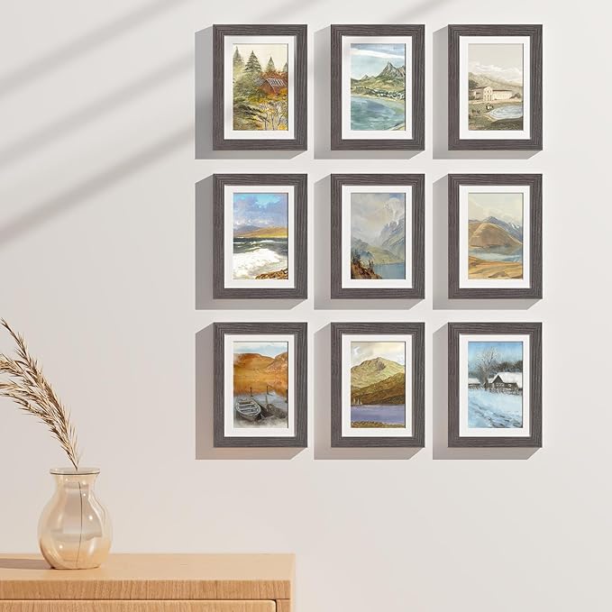 Vittanly 5x7 Picture Frames Set of 9, Display 4x6 Pictures with Mat or 5x7 without Mat, Photo Frames for Wall or Tabletop with Plexiglass, Engineered Wood, Dark Grey