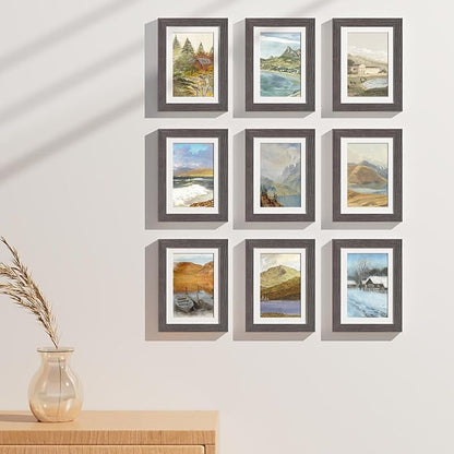 Vittanly 5x7 Picture Frames Set of 9, Display 4x6 Pictures with Mat or 5x7 without Mat, Photo Frames for Wall or Tabletop with Plexiglass, Engineered Wood, Dark Grey