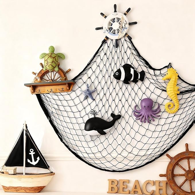 Decorative Fishing Net 2 Pack, 5x10 ft Large Black Fish Net Decor for Wall, Photo Display, Nautical Mermaid Pirate Ocean Themed Beach Hawaii Under the Sea Party Decorations