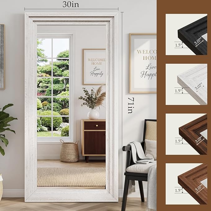Full Length Mirror 71"x30", Large Solid Wood Frame Floor Mirror, Leaning Floor Mirror, Stable Frame, Shatterproof Glass, Modern Classic Style for Bedroom, Living Room, Entryway