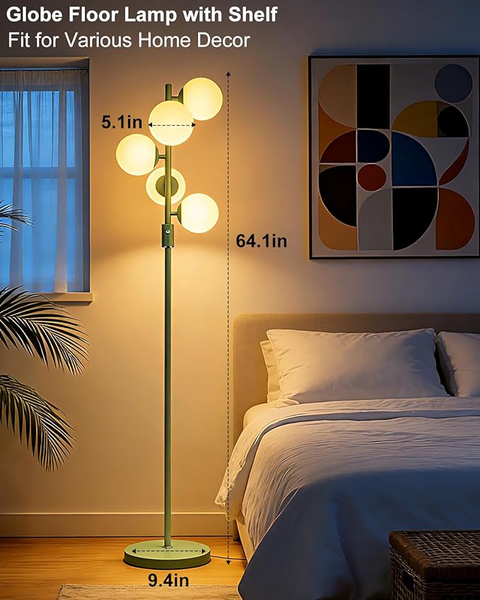 Lightdot Dimmable Globe Floor Lamp Mid Century Modern Floor Lamp with 5Pcs 3000K G9 Bulbs Stepless Brightness Adjustable Green Standing Lamps with 5Lbs Heavy Base for Living Room Bedroom Office