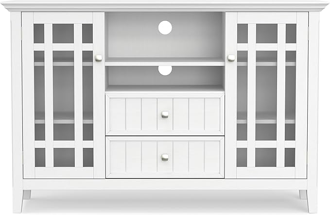 SIMPLIHOME Bedford TV Stand - 53 inch Wide Solid Wood Tall Media Console in White, Transitional Entertainment Center for Living Room for TVs up to 60 Inches with Glass Cabinets and Cable Management