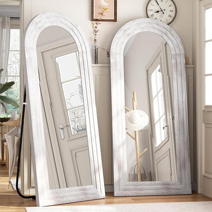 ZHUNFA Arched Full Length Mirror with Solid Wood Frame, 65x22 Farmhouse Wall Mirror Full Length with Stand, Vertical Hanging, Leaning Standing for Bedroom, Living Room, Rustic White