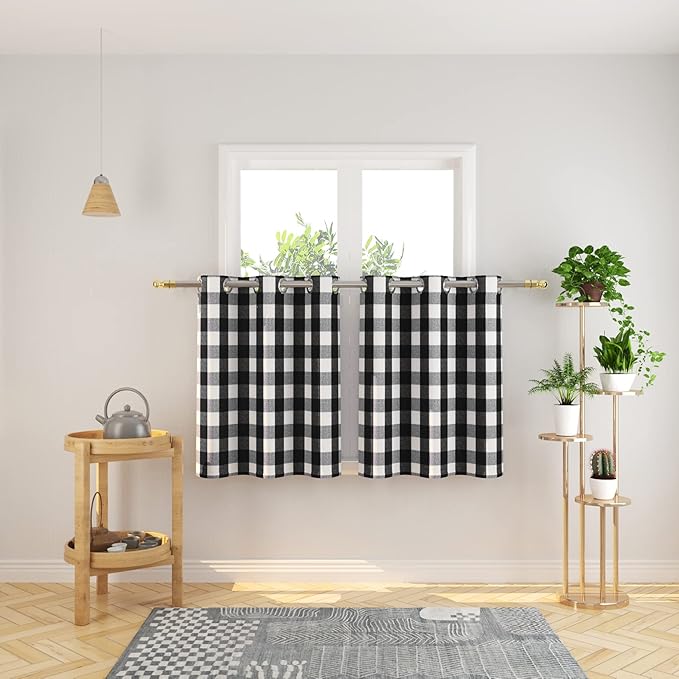 3 Pc Cotton Classic Country Farmhouse Kitchen Window Curtain Grommet Top -Black & White Buffalo Check Tier & Valance Set, 54" x 18" / 32" x 30"