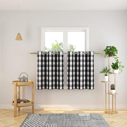 3 Pc Cotton Classic Country Farmhouse Kitchen Window Curtain Grommet Top -Black & White Buffalo Check Tier & Valance Set, 54" x 18" / 32" x 30"