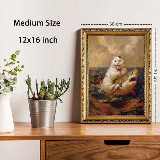 YD&YZY Gold Framed Funny Cat Bathroom Wall Art Canvas Vintage Quirky Humor Wall Decor Cat Riding Shark Martini Painting Picture Print Artwork for Bedroom Living Room Bathroom 12x16 inch Framed