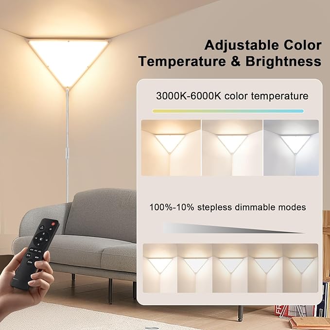 Upgraded Corner Light with Remote, 24W 2200LM LED Corner Lights for Living Room, 3000K/4000K/6000K Plug in Ceiling Lights with Switch, Stepless Dimmable LED Lamp for Bedroom, Triangle Shape(1 Pack)