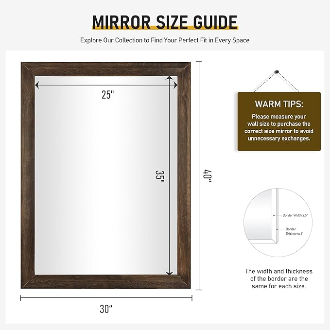 CULER Rustic Wood Wall Mirror for Bathroom,Rectangle 30 x 40 inch Hanging Vanity Mirrors with Wooden Frame for Living Room,Bedroom,Entryway (30x40 inch, Vintage Light Brown)