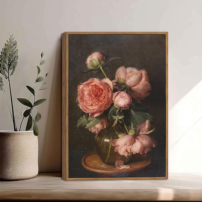 WALLZK Vintage Framed Wall Art Peony Wall Decor Pink Floral Canvas Prints Cottagecore Decor Rustic Farmhouse Pictures Artwork for Walls Living Room Bedroom Bathroom 12"x16"