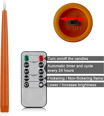 CVHOMEDECO. Flameless Taper Candles with 10-Key Remote, Battery Operated Led Flickering 3D Wick Window Candles Real Wax Finished Home Christmas Party Decor 0.78 x 11 Inch, Pack of 3, Orange