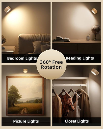 LED Wall Mounted Lights, Rechargeable Wall Sconces Lamp, 3 Color Temps & Remote and Touch, 360°Rotation Dimmable Cordless Wall Light for Study Bedroom Reading Bedside(Wood, 2 Pack)