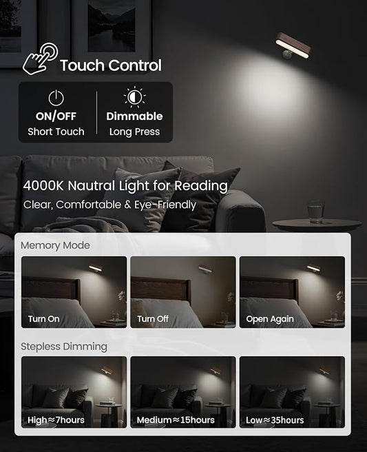 Wood LED Wall Sconce Magnetic 360°Rotate Mounted Mini Lamp Brightness Adjustable Nightlights Rechargeable Battery Powered Reading Light for Bedside Hallway Living Room Black Walnut Set of 2