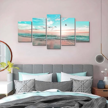 EPHANY Modern Ocean Beach Wall Art - Sunrise Sea Landscape, Canvas 5 Pieces, Blue Sea Sky Picture, Office & Living Room Wall Decor (D-5pcs,80"x40")
