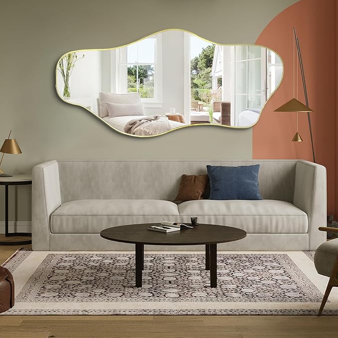 Large Irregular Mirror, 59"x25.5" Asymmetrical Frameless Mirrors, Gold Organic Shape Wall Mirrors for Living Room Bedroom Hallway Entryway, Horizontal or Vertical Hanging