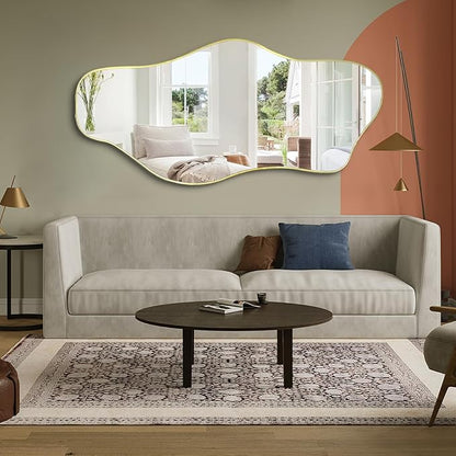 Large Irregular Mirror, 59"x25.5" Asymmetrical Frameless Mirrors, Gold Organic Shape Wall Mirrors for Living Room Bedroom Hallway Entryway, Horizontal or Vertical Hanging