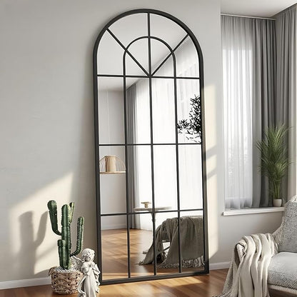 Degfig Arched Full Length Mirror with Grids, 71"X32", Arched Window Pane Wall Mirror, Floor Standing Mirrors, Farmhouse Long Full Body Mirrors Wall Mounted for Living Room, Bedroom, Entryway, Black