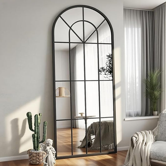 Degfig Arched Full Length Mirror with Grids, 71"X32", Arched Window Pane Wall Mirror, Floor Standing Mirrors, Farmhouse Long Full Body Mirrors Wall Mounted for Living Room, Bedroom, Entryway, Black