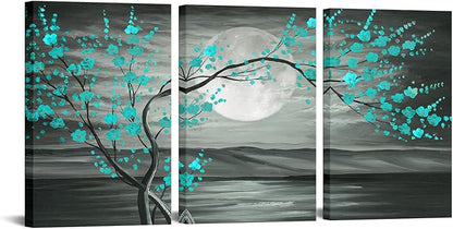 iKNOW FOTO 3pcs Grey and Teal Floral Canvas Prints Framed Plum Blossom Tree Oil Painting Printed on Canvas Gallery Wrapped Full Moon Flower Pictures Living Room Traditional Paintings 16x24x3pcs