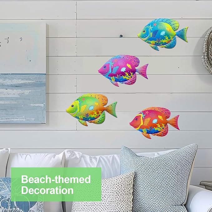 Oraytteo Metal Fish Wall Decor, Set of 4 Fishes Wall Art Decorations for Barthroom Fence Pool Patio Beach Home Decor, Indoor or Outdoor Decorations