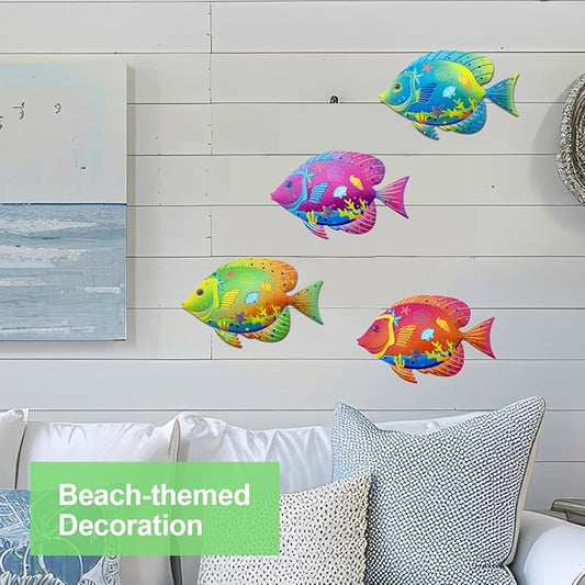 Oraytteo Metal Fish Wall Decor, Set of 4 Fishes Wall Art Decorations for Barthroom Fence Pool Patio Beach Home Decor, Indoor or Outdoor Decorations