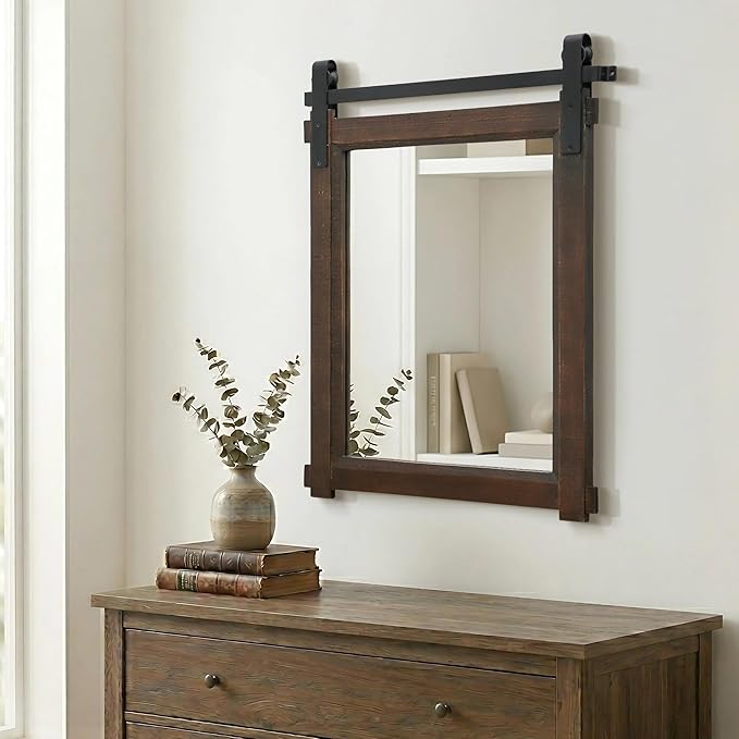 Besdomus Rustic Bathroom Wall Mirror: 22"x30" Brown Barn Door Solid Cedar Wood Frame Vanity Mirror - Farmhouse Decor for Hallway/Living Room/Bathroom Renovation - Wall Decor for Fashion-Conscious