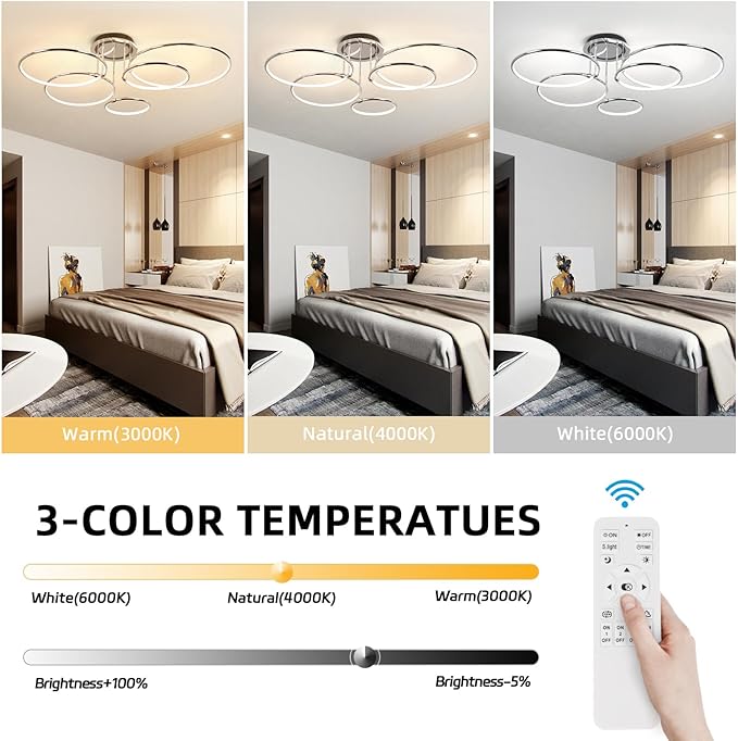 CANEOE Modern Ceiling Light Fixture,Chrome Dimmable Led Ceiling Light with Remote Control for Living Room,5 Rings Flush Mount Ceiling Lamp for Living Room Bedroom Kitchen Lighting Fixtures Ceiling