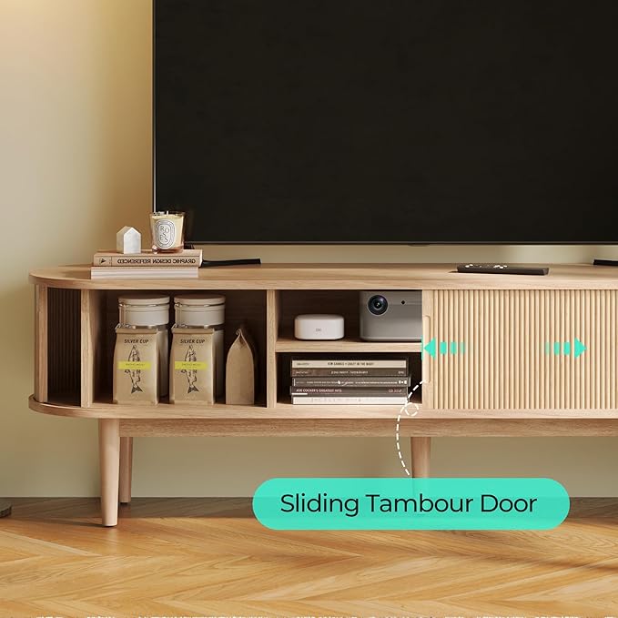 LINSY Home TV Stand for 65" TV, Mid-Century Modern 58" Entertainment Center with Sliding Tambour Door and Storage Cabinet, Cruved TV Media Console Table for Living Room, Bedroom, Oak