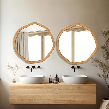 ULIKE Round Wood Mirror, 24 Inch Irregular Circle Vanity Wall Mirror with Wooden Frame, Rustic Decorative Wall Mount for Bathroom Bedroom Living Room Entryway, Natural