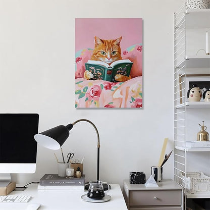 Framed Vintage Cats Canvas Wall Art, Funny Animal Reading Books Poster Printing Pictures, Pink Cute Cat Lovers Wall Decor for Girls Room Bedroom Kids Room Living Room Bathroom 12x16 in