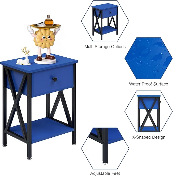 VECELO Nightstands, Modern Bedside End Tables Set of 2, Night Stand with Drawer and Storage Shelf for Living Room Bedroom, Industrial Metal Frame