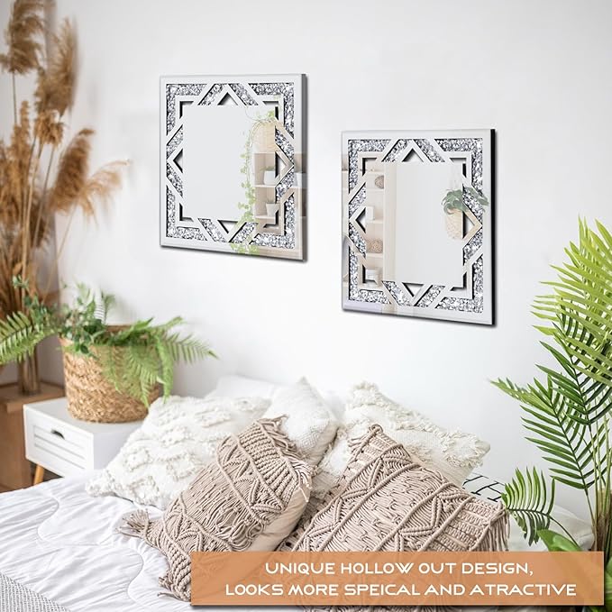 2 Piece Square Hollow Crushed Diamond Decorative Mirror, Silver Crushed Diamond Mirror Decor Wall for Living Room Bedroom Bathroom (12”x12”)