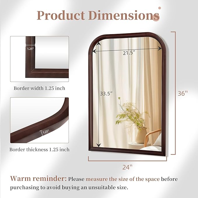 Wood Bathroom Mirror for Wall,Arched 24 x 36 inch Hanging Vanity Dark Brown Tempered Mirrors with Rounded Corner for Living Room,Bedroom,Entryway