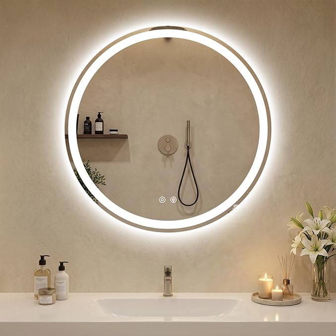 DUMOS 30 Inch Round LED Bathroom Mirror with Lights, Circle Vanity Mirror with Anti-Fog, Dimmable, 3-Color Light, Front Light and Backlit, Memory Function, Tempered Glass