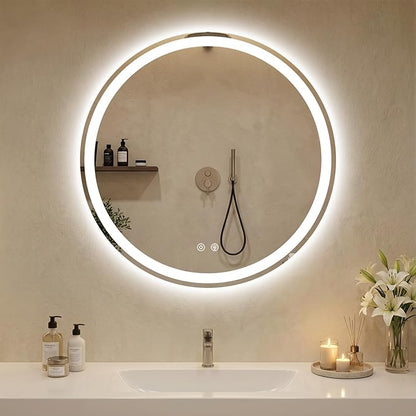 DUMOS 30 Inch Round LED Bathroom Mirror with Lights, Circle Vanity Mirror with Anti-Fog, Dimmable, 3-Color Light, Front Light and Backlit, Memory Function, Tempered Glass