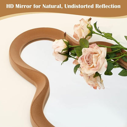 Wavy Mirror Wall Decor for Girly Bedroom, 13.8x29.9 Cute Abstract Decorative Mirrors for Modern Apartment Nursery Room Decoration, Large Hanging Wall Art Above Dresser Desk Table Decor (Brown)