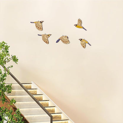 Vumyhuby 5 Pcs Blue Wooden Bird Wall Art | Rustic Folk Art Wall Decor for Indoor Use | Handcrafted Wood Flying Birds Wall Hangings for Living Room, Bedroom, Kitchen, Office | Scandinavian Home Decor Gift